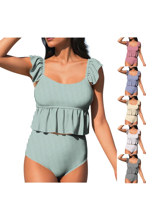Women's Tankini Swimsuits Two Piece Bathing Suits Striped Peplum Adjustable Strap Tanks with Triangle Shorts Trendy Swimwear