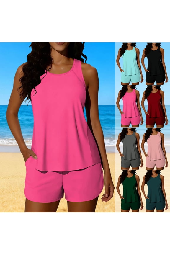 Womens Bathing Suits Tankinis Athletic Modest Two Piece Swimwear Sets Tank Tunics with Boyshorts Summer Solid Swimsuits