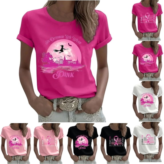 Yourumao Womens Breast Cancer Shirts Short Sleeve Pink Ribbon Graphic Tees Crewneck Plus Size Breast Cancer Awareness Survivor Shirt