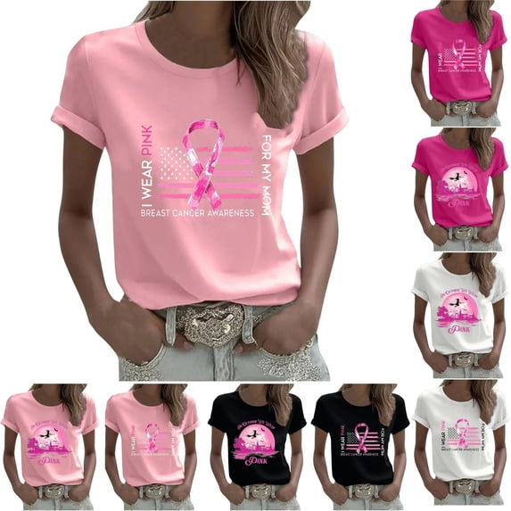 Yourumao Womens Breast Cancer Shirts Short Sleeve Pink Ribbon Graphic Tees Crewneck Plus Size Breast Cancer Awareness Survivor Shirt