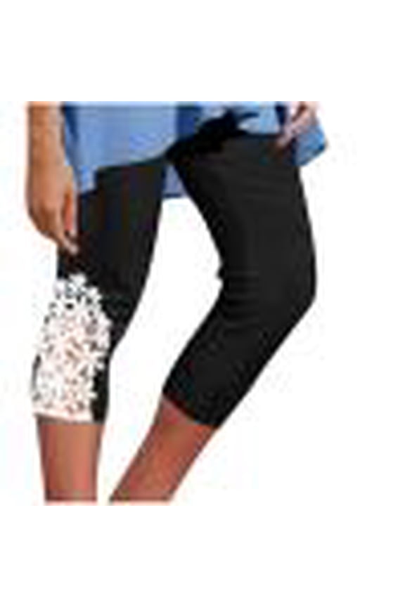 Womens Capri Leggings Lace Patch Elastic High Waist Capris Soft Stretchy Skinny Pants Beach Vacation Trousers