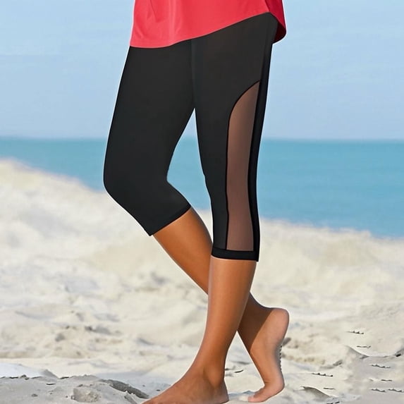 Yourumao Womens Capri Leggings Mesh Patch High Waist Capris Stretchy Sheer Solid Tights Summer Lounge Outdoor Legging