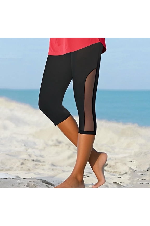 Womens Capri Leggings Mesh Patch High Waist Capris Stretchy Sheer Solid Tights Summer Lounge Outdoor Legging