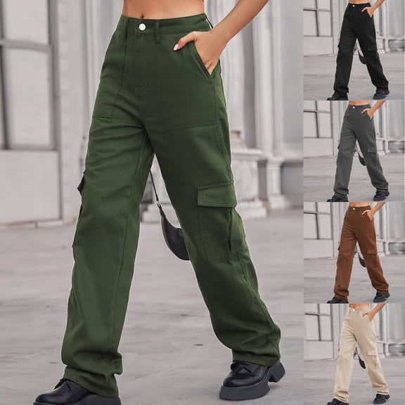 Yourumao Womens Cargo Jeans Straight Leg Jeans High Elastic Waisted Denim Pants with Muti-pocket Going Out Jean Trousers