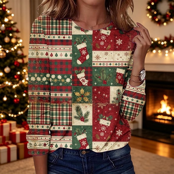 Yourumao Womens Christmas Shirts Long Sleeve Graphic Tees for Christmas Party Crewneck Loose Casual Plus Size Tops for Winter