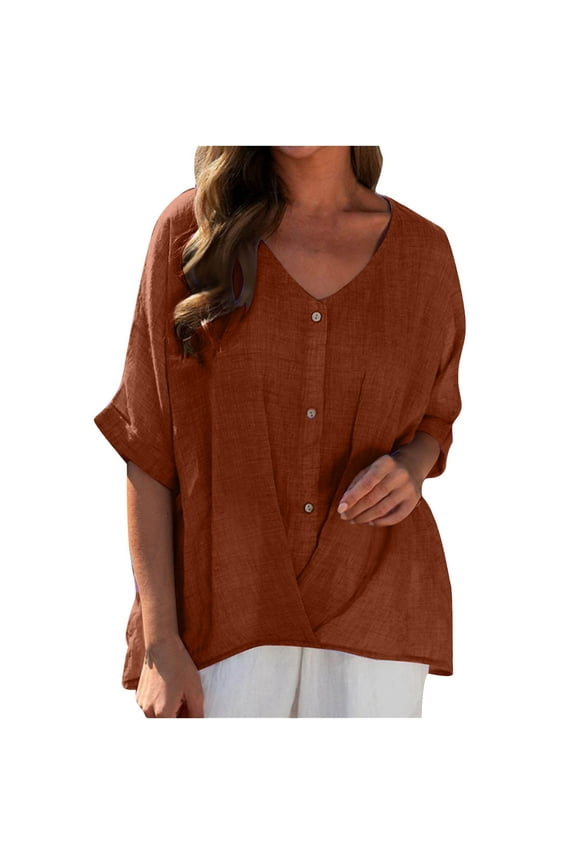 Womens Cotton Linen Tops Dressy Casaul Button Down Shirts Loose V Neck Half Sleeve Blouses Solid Color Shirt Summer Trendy Top