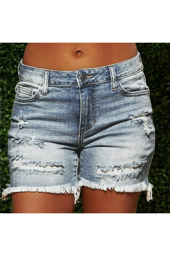 Yourumao Womens Cut Off Denim Short Frayed Distressed Jean Short Cute Mid Rise Ripped Hot Shorts Comfy Stretchy