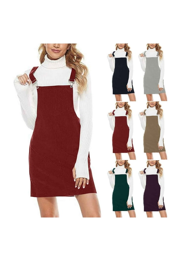 Womens Cute Corduroy Jumper Square Neck Midi Overalls Dress Adjustable Wide Straps Knee Length Pinafore for Summer Outdoor