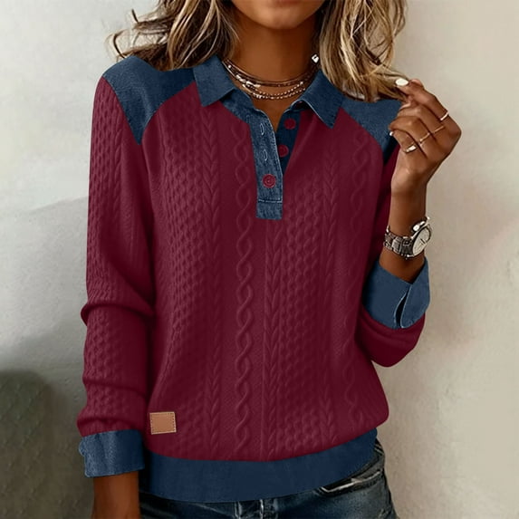 Yourumao Womens Denim Patch Pullover Textured Button Up Henley Shirts Sweaters Loose Comfy Lapel Collar Long Sleeve Pullover