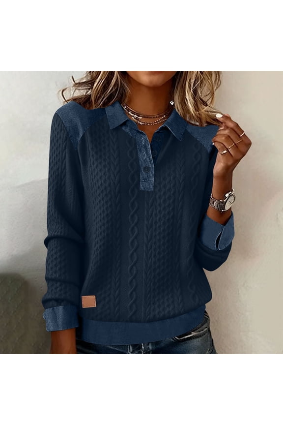 Womens Denim Patch Pullover Textured Button Up Henley Shirts Sweaters Loose Comfy Lapel Collar Long Sleeve Pullover