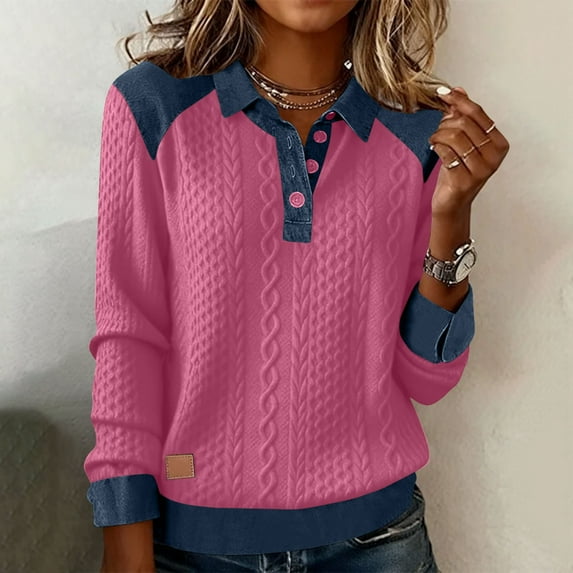 Yourumao Womens Denim Patch Pullover Textured Button Up Henley Shirts Sweaters Loose Comfy Lapel Collar Long Sleeve Pullover