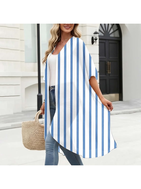 Womens Kimono Cardigans Lightweight Ruffle 3/4 Sleeve Chiffon Kimonos with Striped Print Open Front Summer Beach Cover up