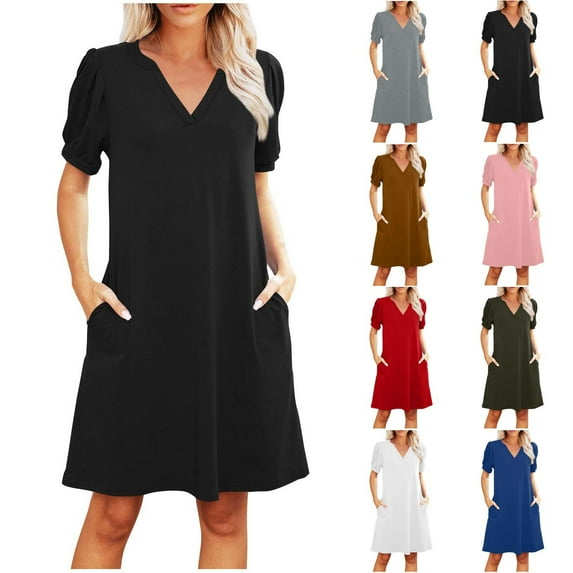 Yourumao Womens Mini Dress Puff Sleeve V Neck Summer Casual Dress Solid A-line Outdoor Dress Fashion Beach Vacation Clothes with Pocket
