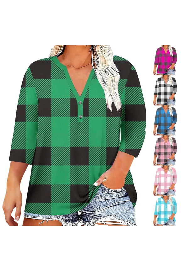 Womens Plus Size Henley Shirts Plaid 3/4 Sleeve Tops Loose Button V Neck Blouses Soft Gingham Tshirts Spring Outdoor Tees