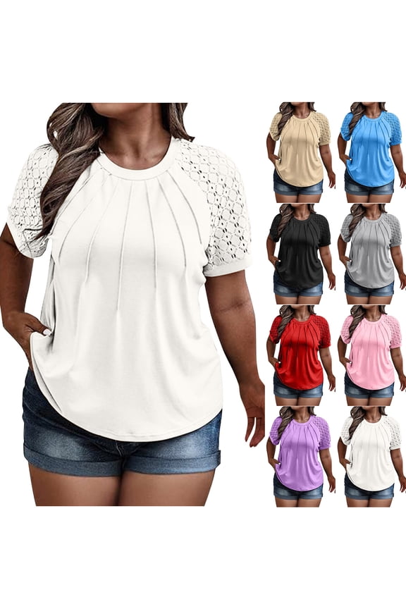 Womens Plus Size Tops Lace Patch Short Sleeve Tunics Round Neck Dressy Casual Shirts Solid Loose Tshirts for Weekend Outdoor