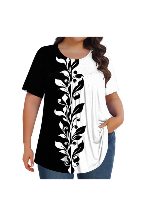 Womens Plus Size Tops Peplum Short Sleeve Tunics Floral Round Neck Shirts Pleated Comfy Loose Casual Blouses Summer Weekend Tshirts Black L