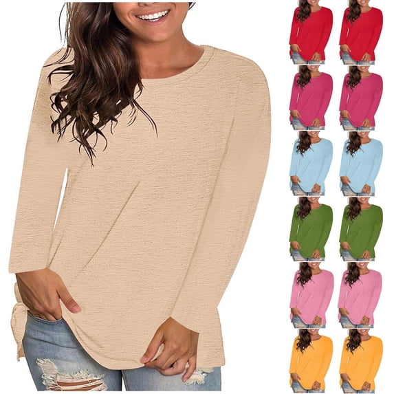 Yourumao Womens Plus Size Tops Solid Comfy Long Sleeve Shirts Round Neck Loose Casual Tshirts Soft Stretchy Lounge Blouses Summer Dailywear Tees