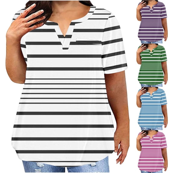 Yourumao Womens Plus Size Tunics Strpied Short Sleeve Tops Comfy V Neck Shirts Loose Solid Color Tshirts Summer Casual Blouses with Pocket