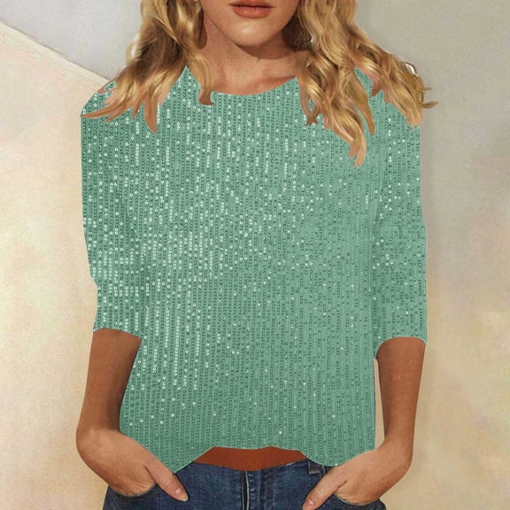 Yourumao Womens Sequin Shirts Glitter 3/4 Sleeve Tops Loose Fit Round Neck Blouses Sparkle Party Nightclub T-shirts