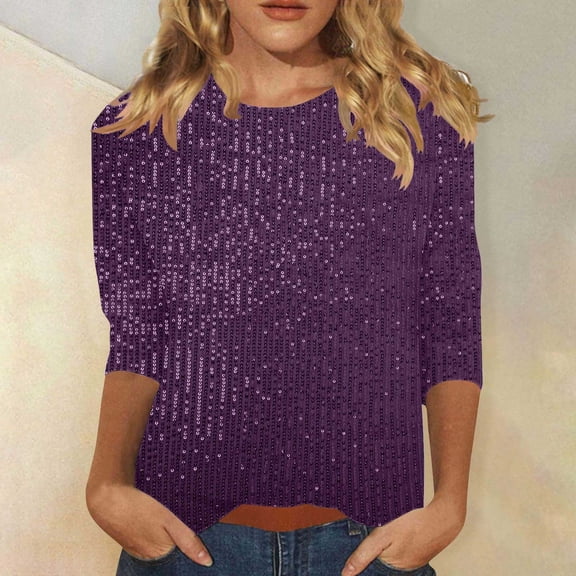 Yourumao Womens Sequin Shirts Glitter 3/4 Sleeve Tops Loose Fit Round Neck Blouses Sparkle Party Nightclub T-shirts