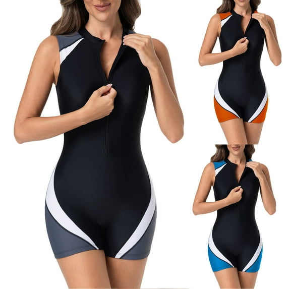 Yourumao Womens Sleeveless Rash Guard One Piece Swimsuits Boyleg Crewneck Zipper Bathing Suits Color Block Swimwear for Summer Beach
