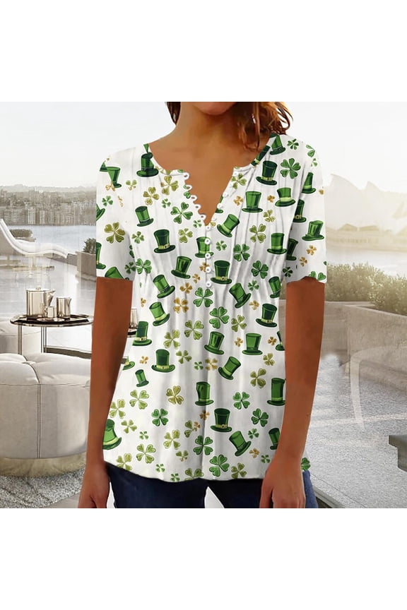 Womens St Patricks Tunics Clover Hide Belly Button Up Henley Shirts Comfy Short Sleeve Tshirts Saint Patricks Festival Plus Size Tees