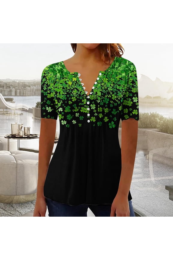 Womens St Patricks Tunics Clover Hide Belly Button Up Henley Shirts Comfy Short Sleeve Tshirts Saint Patricks Festival Plus Size Tees