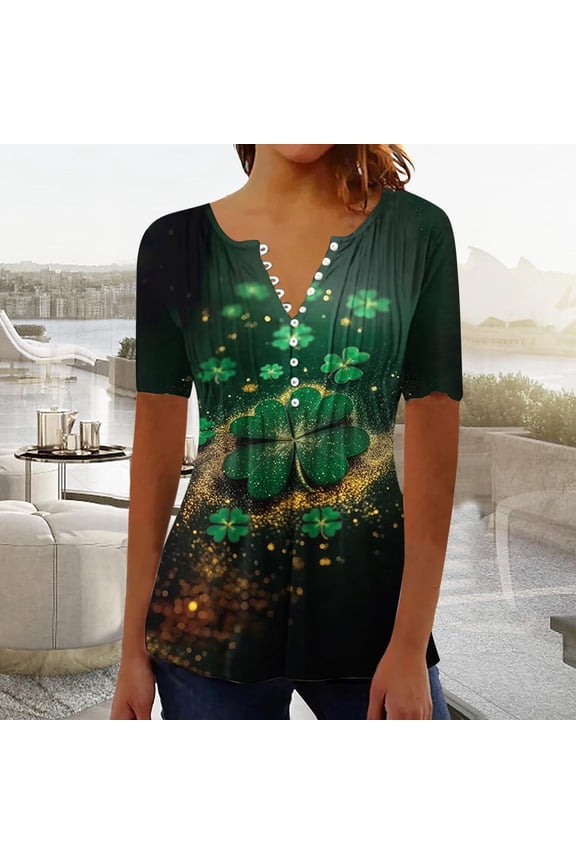 Womens St Patricks Tunics Clover Hide Belly Button Up Henley Shirts Comfy Short Sleeve Tshirts Saint Patricks Festival Plus Size Tees
