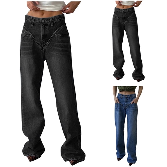 Yourumao Womens Straight Leg Jeans Retro High Elastic Waisted Jeans Loose Casual Denim Pants Streetwear Jeans with Pocket