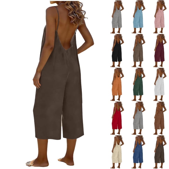 Yourumao Womens Summer Jumpsuits Backless Spaghetti Strap Capris Rompers Scoop Neck Sleeveeless Overalls Solid Comfy Loungewear Clothings with Pocket