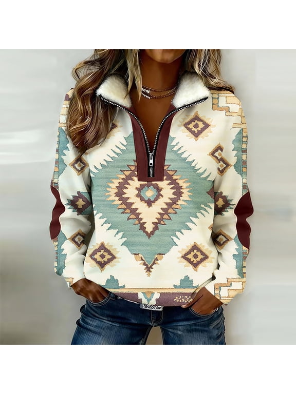 Womens Sweatshirt Fleece Collar Quarter Zip Sweatshirt with Aztec Print V Neck Long Sleeve Western Loose Pullover