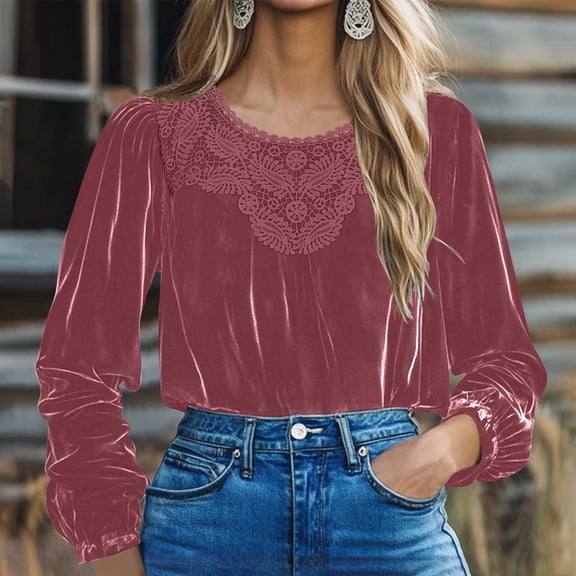 Yourumao Womens Velvet Tops Lace Patchwork Crewneck Shirts Loose Fit Long Sleeve Blouses Cofmy Tees Spring Elegant Going Out Tshirts