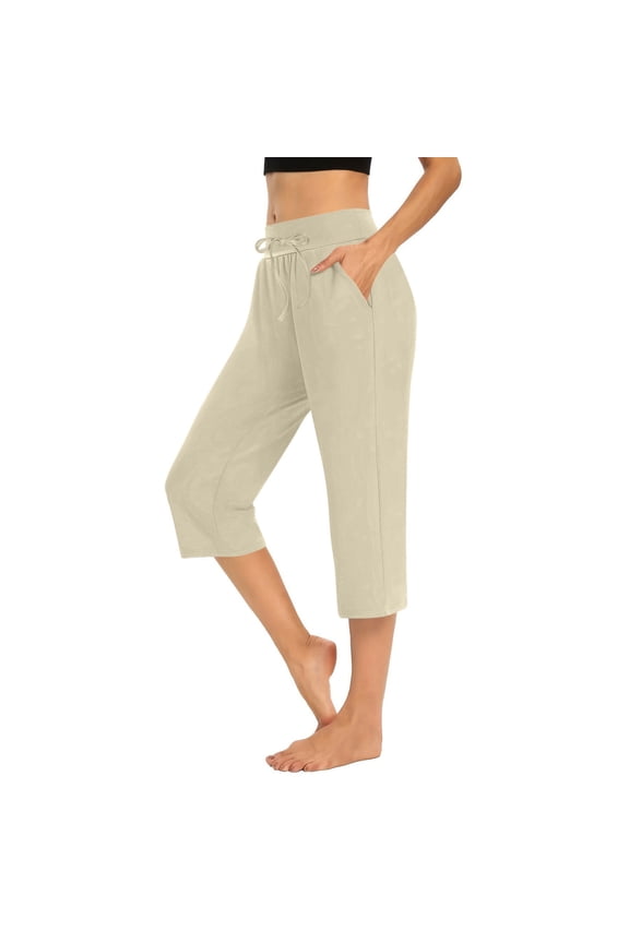 Womens Yoga Capri Pants with Pockets Tummy Control Straight Leg Capris Elastic Drawstring Waist Solid Pants Dance Pants