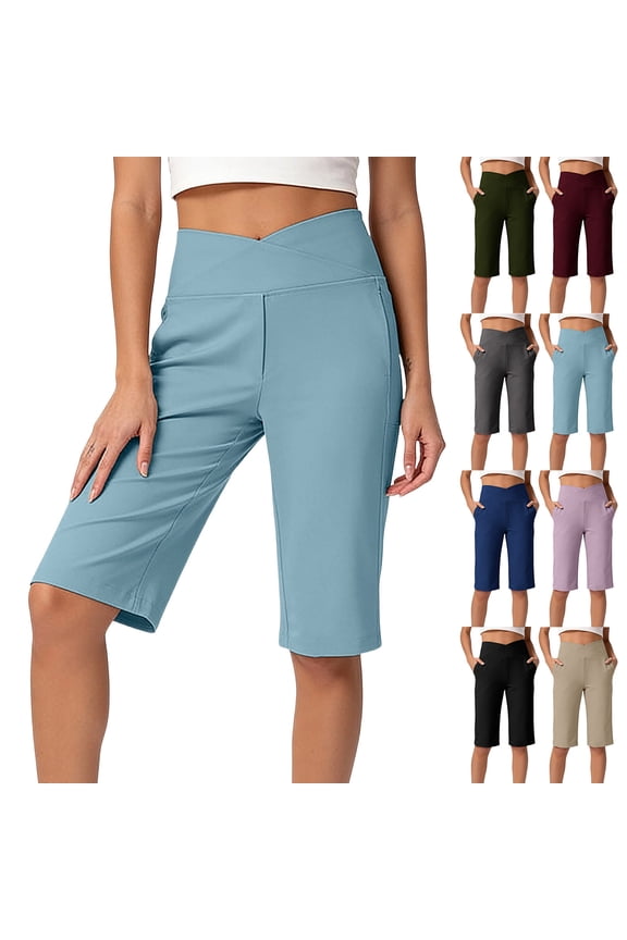 Yourumao Yoga Bermuda Shorts for Women Tummy Control Knee Length Shorts Crossover High Waist Leggings Solid Stretchy Shorts for Sporty Workout