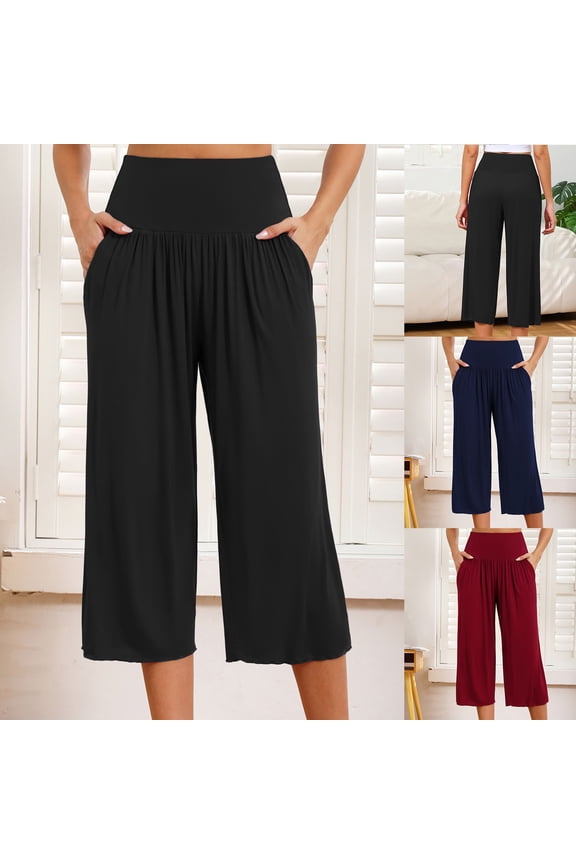 Yoga Capri Pants Women Tummy Control High Elastic Waist Capris Solid Baggy Straight Leg Pants Stretchy Activewear Dance Trousers with pocket