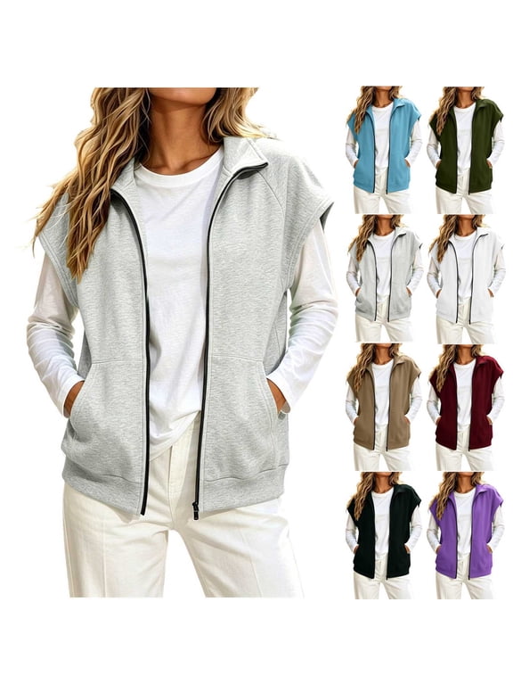 Zip up Vest for Women Stand Collar Full Zip Sweatshirt Vests with Thin Fleece Loose Fit Sleeveless Jackets with Pockets