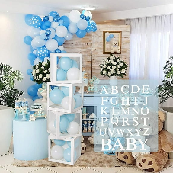Yous Auto Baby Shower Boxes Party Decorations 4 pcs Transparent Balloons Decor Boxes with Letter Individual BABY Blocks Design for Boys Girls Baby Shower Bridal Showers Birthday Party Gender Reveal Ba