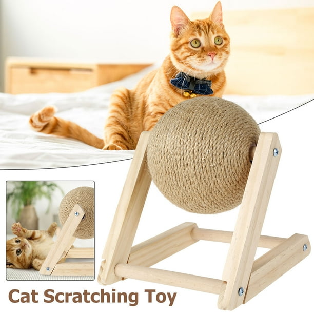 Yous Auto Cat Scratching Ball Natural Sisal Cat Scratcher Toy with Catnip Interactive Solid Wood Scratcher Ball Cat Scratch Post with Rotatable Ball