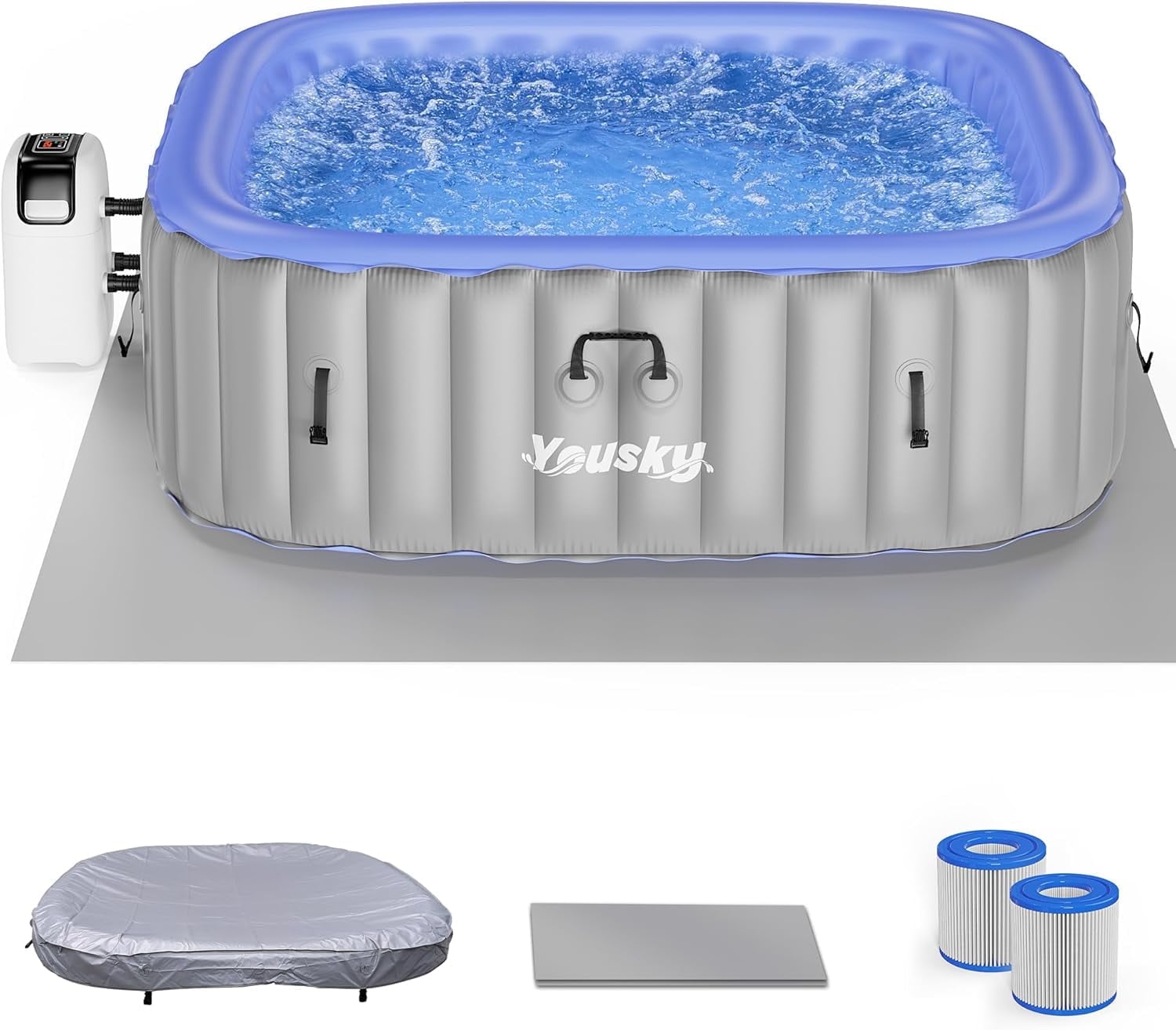 Yousky Inflatable Hot Tub 6-8 Person Portable with 120 Bubble Jets, 104 Heating & Filtration System, Durable PVC Material, Hot Tub Cover, 83" L x 83" W x 26" H, Easy Set-Up for Outdoor and Indoor