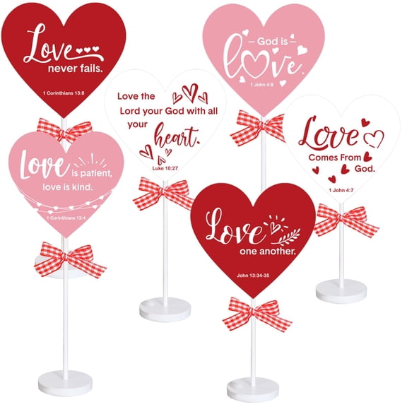 Yousoontic 6 Pcs Christian Valentine's Day Heart Wooden Love Tables Centerpieces Jesus Bible Verse Hearts Valentines Decoration Double Printed Table for Wedding Party Favor Supplies C113