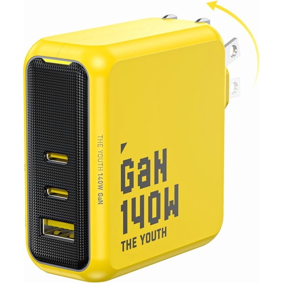 Youth 140W GaN+ USB C Charr 100W Laptop Fast Charr PD3.1 PPS 3-Port USB C Wall Charr Power Adapter for MacBook Pro 16'', Dell XPS, iPhone 17 Pro Max, iPad Pro, Tablet, Chromebook, Yellow