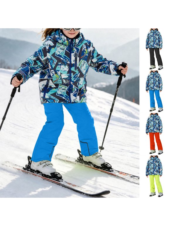 Youth 2 Piece Snowboard Suit, Windproof Ski Jacket with Matching Pants, Waterproof Hooded Winter Outdoor Set, Easy On Off for School Age | TruHer,Black 4-5 Years