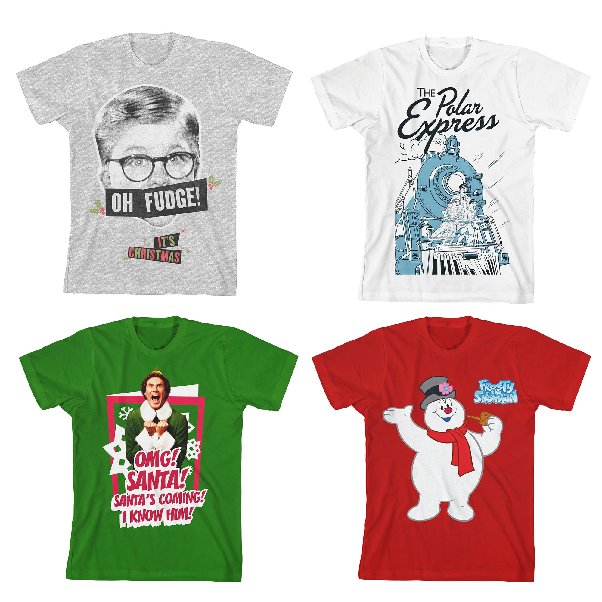 Youth 4-Pack Holiday Movie Tees: A Christmas Story, Polar Express, Elf, Frosty the Snowman-Large