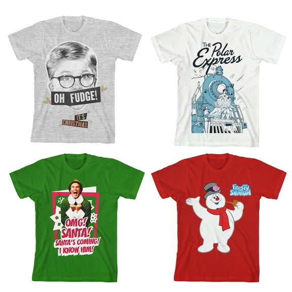 Youth 4-Pack Holiday Movie Tees: A Christmas Story, Polar Express, Elf, Frosty the Snowman-Medium