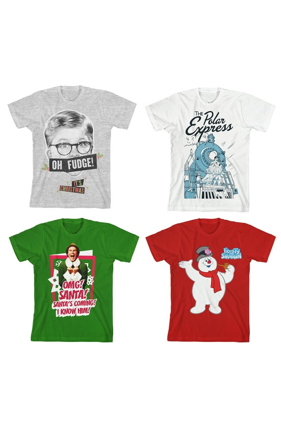 Youth 4-Pack Holiday Movie Tees: A Christmas Story, Polar Express, Elf, Frosty the Snowman-XS