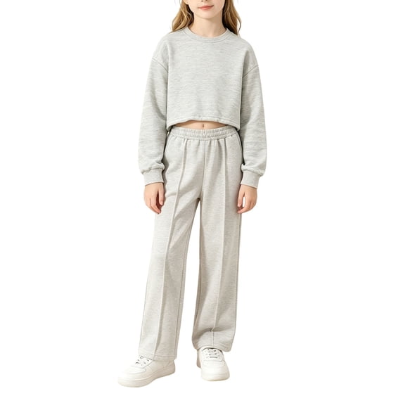 Youth Athletic Tracksuišs Girls Boys 2 Piece Outfit Sweatsuit Cropped Sweatshirts and Pleated Baggy Sweatpants Casual Dressy