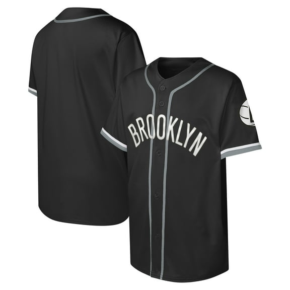 Youth Black Brooklyn Nets Stitch Full-Button Baseball  Jersey