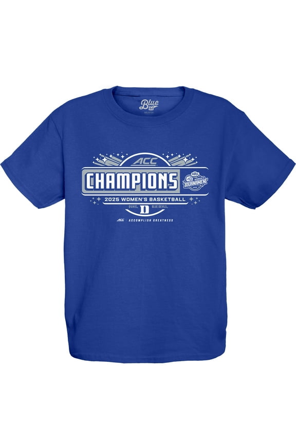 Youth Blue 84 Royal Duke Blue Devils 2025 ACC Women's Basketball Conference Tournament Champions Locker Room T-Shirt