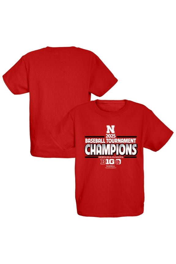 Youth Blue 84 Scarlet Nebraska Huskers 2025 Big Ten Baseball Conference Tournament Champions Locker Room T-Shirt