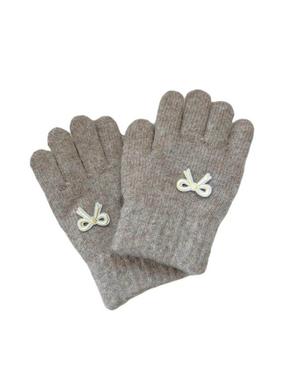 Youth Bow Print Knitted Gloves, Khaki Warm Winter Mittens